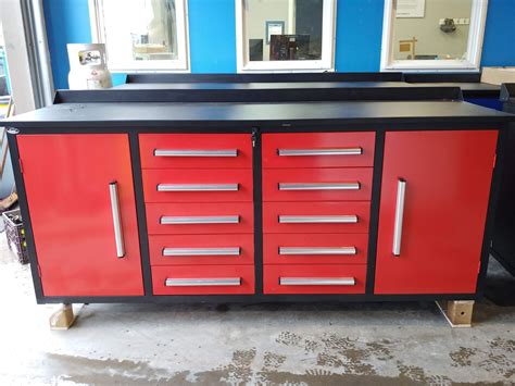 workbench with cabinets and drawers